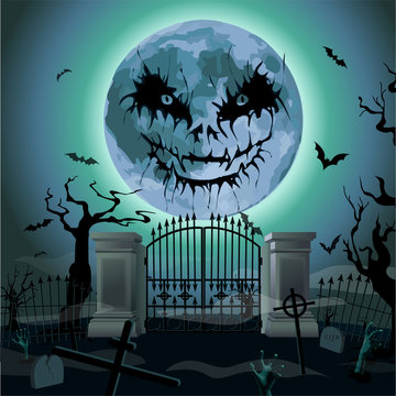 Halloween night: full moon cemetery graves gates zombie, zombi hands sticking out of ground, bat rearmouse. Vector vertical closeup side view signboard illustration image to celebration holiday