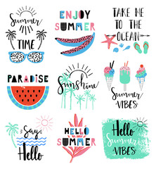 Summer lettering Scandinavian set with holiday Summer Elements. Watermelon, ice cream, palm, tropic, sun. 