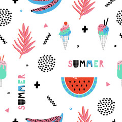 Summer seamless pattern with bananas and watermelon in pop art style. 