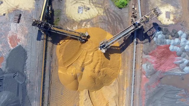 Mining excavator on the bottom surface mine. Brown coal deposits. View from above.