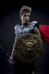 Pride, centurion or Roman warrior with iron armor, military helm
