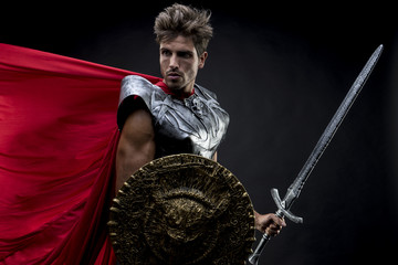 Gladiator, centurion or Roman warrior with iron armor, military