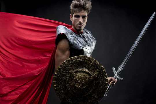 Power, centurion or Roman warrior with iron armor, military helm