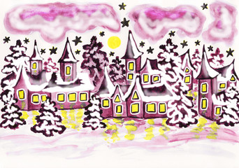 Houses in violet colours, painting
