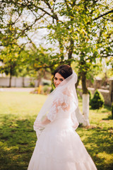 Obraz na płótnie Canvas Young bride wearing gorgeous wedding dress, playing with veil. plays a wedding dress. Dress develops in the wind. Happy bride in a wedding dress is spinning.