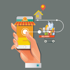 Colorful vector illustration concept for online ordering of food. Vector illustration concept for grocery delivery.