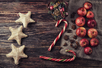 Christmas apples with candy cane and stars anise with festive de