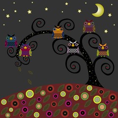Vector set of a colorful owls in the night