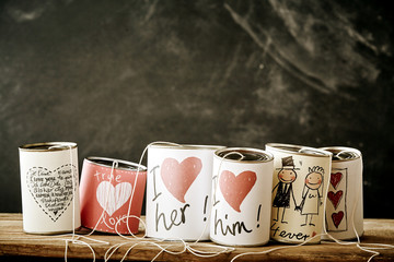 Love and marriage handicrafts on metal cans