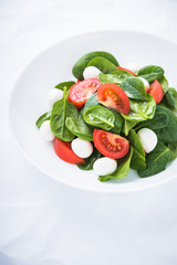 Fresh salad with mozzarella cheese, tomato and spinach on white paper background close up. Healthy food.