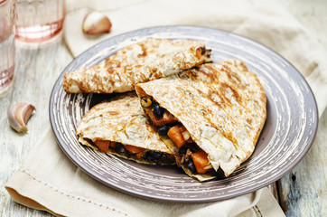 Black beans spiced sweet potato quesadilla