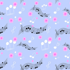 gentle music seamless pattern with notes, stave, treble clef and flowers