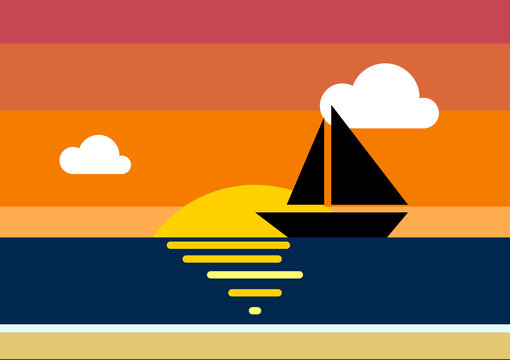 Sunset at the sea with clouds and boat vector illustration for web and print