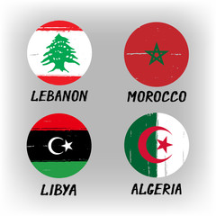 Set Of 4 Flags - Round Icons - Lebanon Morocco Libya Algeria