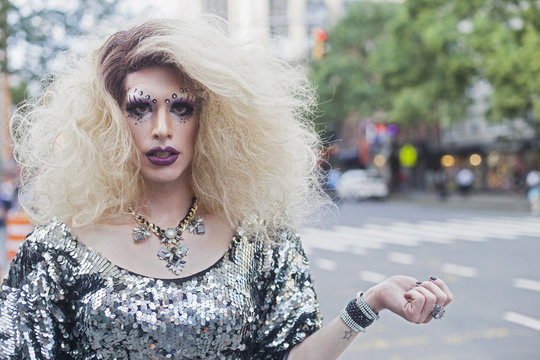 Portrait of drag queen standing outdoors