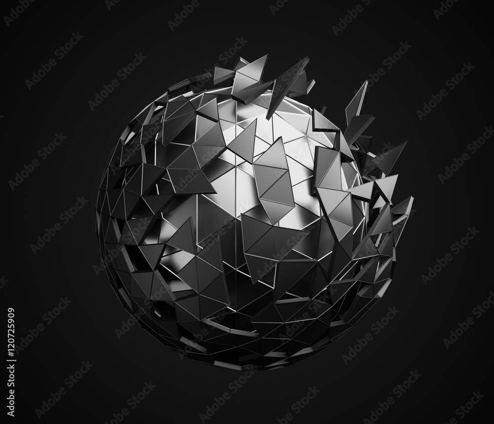 Poster abstract 3d rendering of low poly sphere with chaotic structure. sci-fi background with polygonal sh