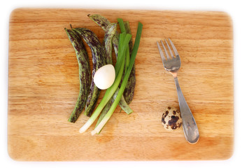 Green beans and quail egg flat lay