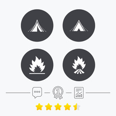 Tourist camping tent signs. Fire flame icons.