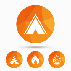 Tourist camping tent signs. Fire flame icons.
