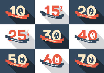 Vector set of anniversary signs, symbols. 10, 15, 20, 25, 30, 40, 50,60, 70 years jubilee design elements collection. 10th, 15th, 20th, 25th, 30th, 40th, 50th,60th, 70th anniversary logo.