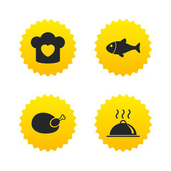 Chief hat, cooking pan icons. Fish and chicken.