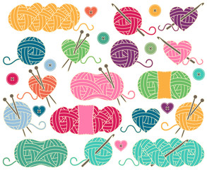 Cute Vector Collection of Balls of Yarn, Skeins of Yarn or Thread for Knitting and Crochet