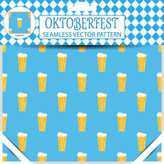 Seamless vector pattern of Oktoberfest with goblet of beer on the blue background in the package.