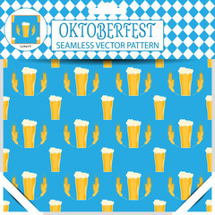 Vector seamless pattern of Oktoberfest with goblet of beer on the blue background in the package.