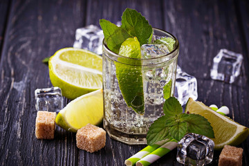 Cocktail mojito with mint, lime and ice