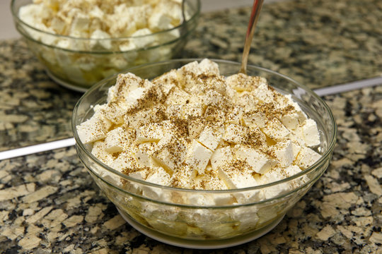Bowl with cubes of feta cheese
