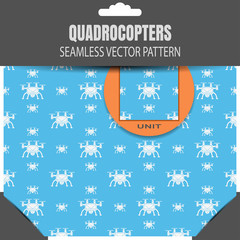Fototapeta premium Package of vector seamless pattern of quadrocopters on the blue background with allocation.