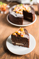 Chocolate cake with peach jam
