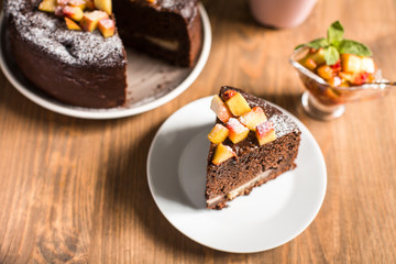 Chocolate cake with peach jam