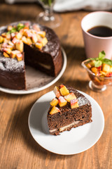 Chocolate cake with peach jam