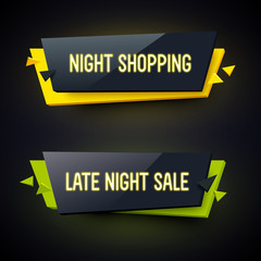 Set of geometric neon vector banners. Glossy plastic style.