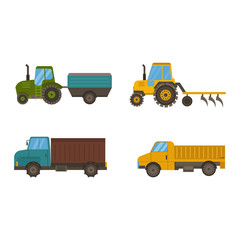 Set of different types of agricultural vehicles and harvester machine, combines and excavators. Icon set agricultural harvester machine with accessories for plowing, mowing, planting and harvesting.