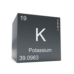 Potassium chemical element symbol from the periodic table displayed on black cube