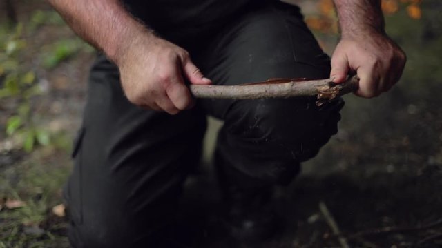 A male camper breaks a stick for firewood over his knee in slow motion.