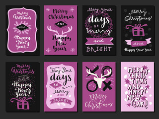 Merry Christmas and Happy New Year calligraphic set of greeting cards