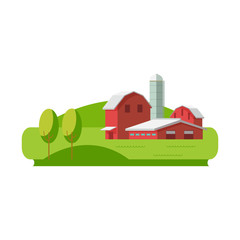 Vector illustration concept eco farming icon. Farm buildings and green fields on white background