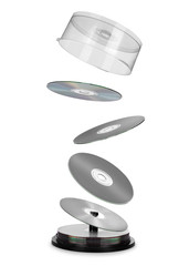 compact disks fly out of the box on white background