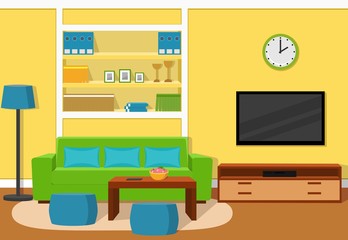 The interior of cozy living room with green sofa, turquoise accents and yellow wallpaper. Vector illustration. 