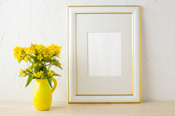 Frame mockup with small yellow flowers in stylized pitcher vase