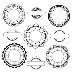 Set of empty blank vintage stickers, stamps and badges, design elements, black isolated on white background, vector illustration.