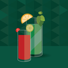 flat design cocktail drink glass over triangle pattern background  image vector illustration 