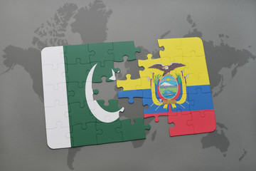 puzzle with the national flag of pakistan and ecuador on a world map background.
