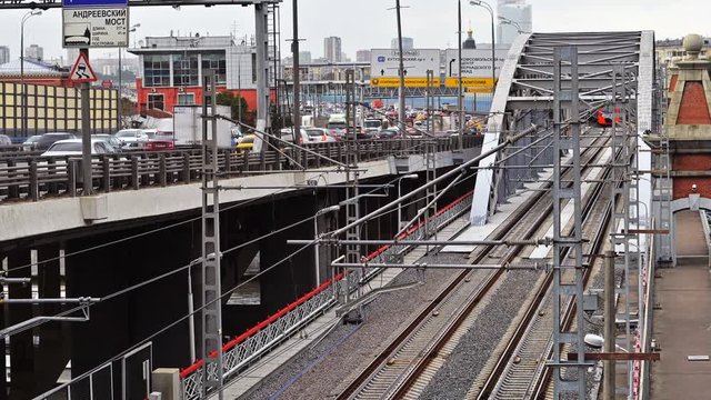 The ES2G Lastochka (Swallow) train on the Moscow Central Circle line. 2 viewpoints. UHD - 4K. September 14, 2016. Moscow. Russia
