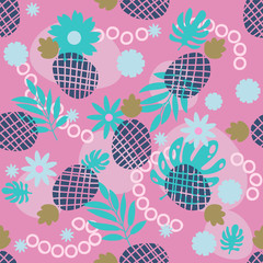 Cute pineapple and tropical leaves seamless pattern. Festive colorful summer fruit random background. Blue, turquoise, pink. Spotted abstract seamless pattern. Vector illustration.