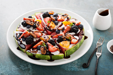 Watermelon pizza with fruits and yogurt