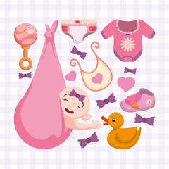 Baby girl cartoon cloth bowties and duck icon. Baby shower invitation card. Colorful design. Vector illustration